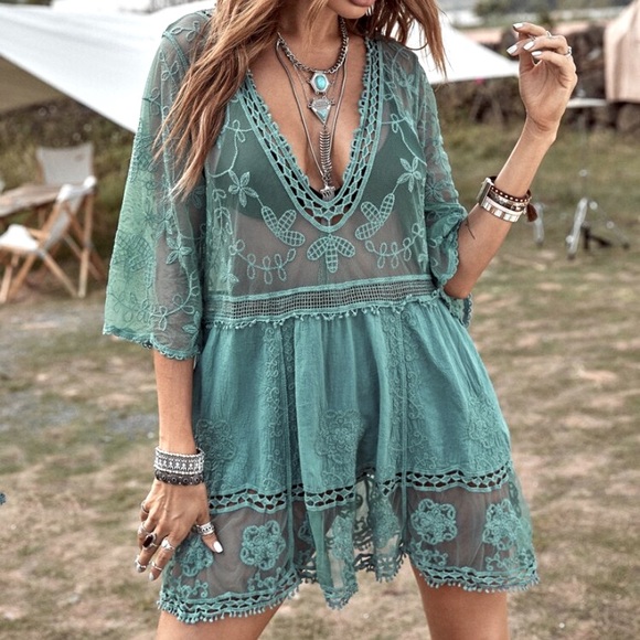 Tops - Lace Crochet Bohemian Sheer Tunic Coverup Top